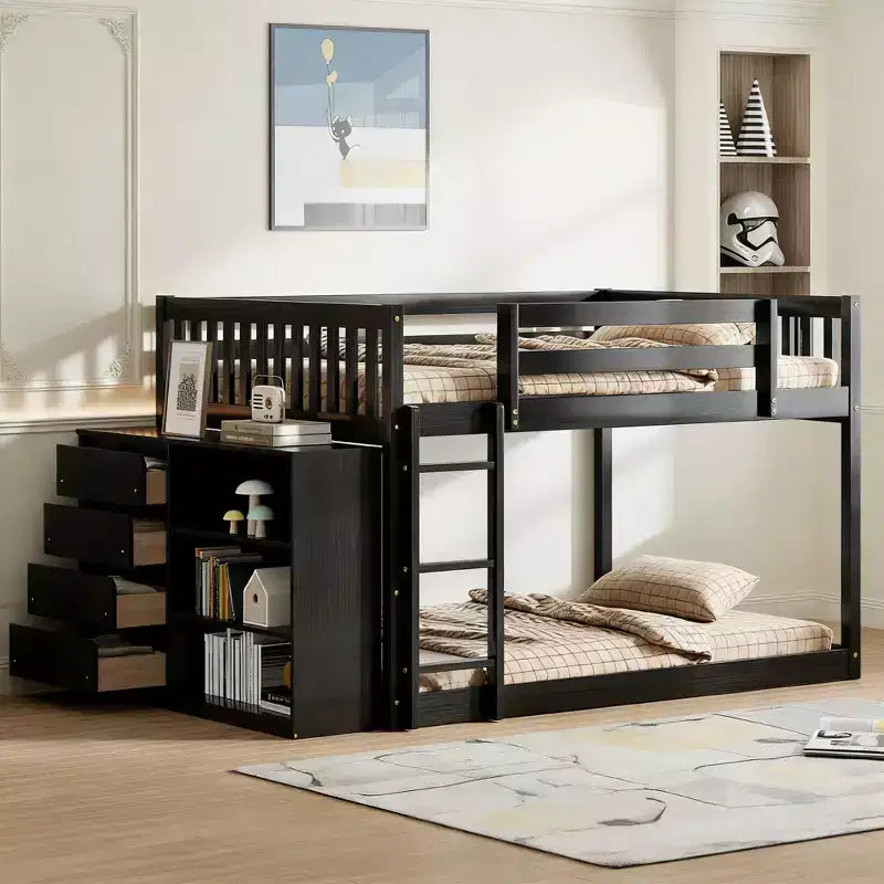 Luxystar Modern Full over Full Bunk Bed with 4 Drawers and 3 Shelves
