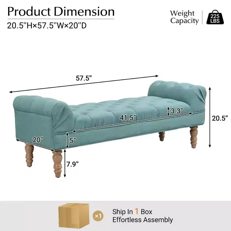 Banc de bout de lit, Banc d'entrée, Ottoman rembourré en tissu capitonné, Accoudoirs roulés, Pieds en forme de gourde