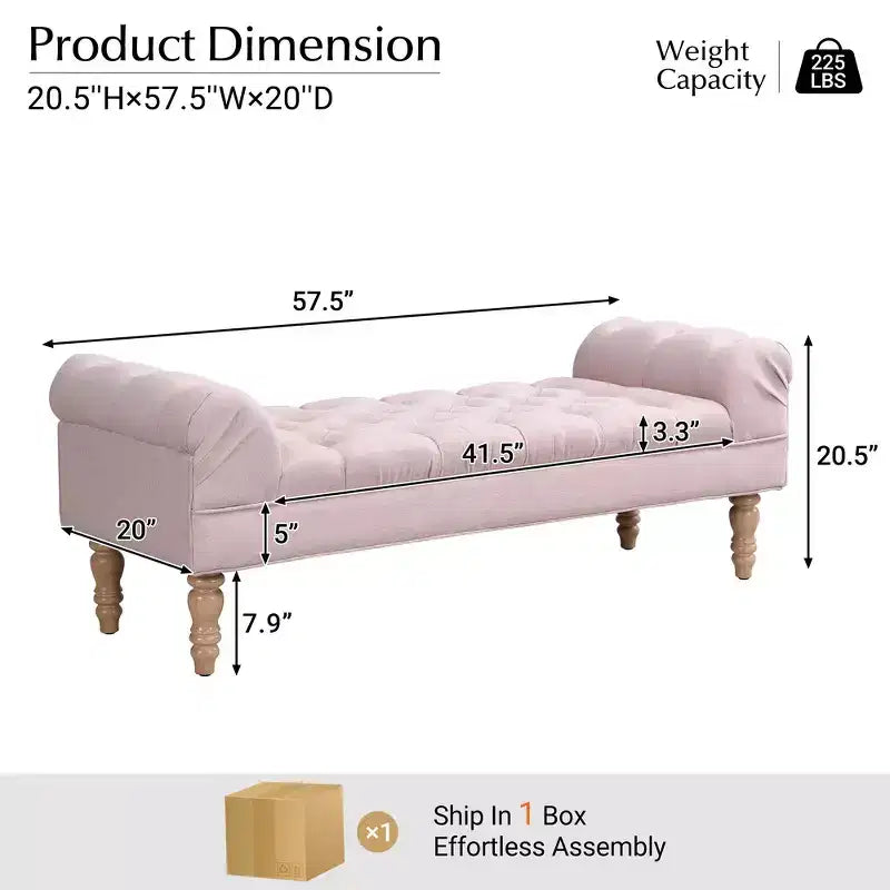 Banc de bout de lit, Banc d'entrée, Ottoman rembourré en tissu capitonné, Accoudoirs roulés, Pieds en forme de gourde