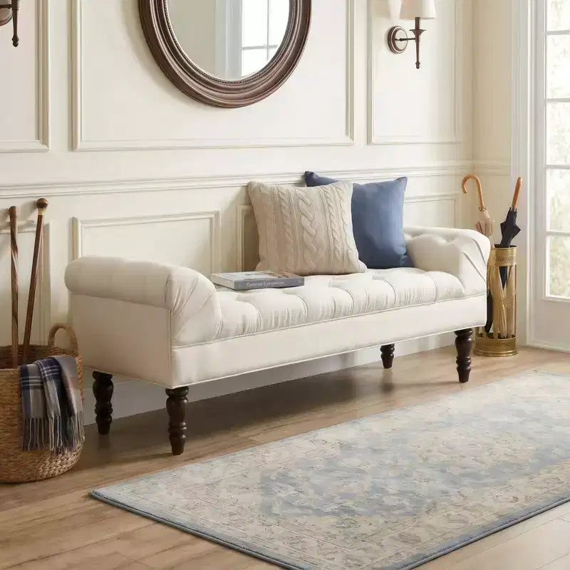 Whisen End of Bed Bench, Entryway Bench, Upholstered Ottoman with Tufted Fabric, Rolled Arms, Gourd Legs, Premium Foam, Easy Assembly