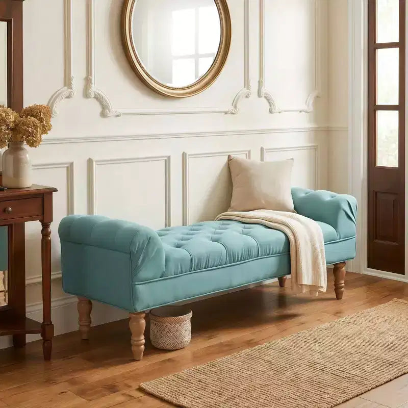 Banc de bout de lit, Banc d'entrée, Ottoman rembourré en tissu capitonné, Accoudoirs roulés, Pieds en forme de gourde
