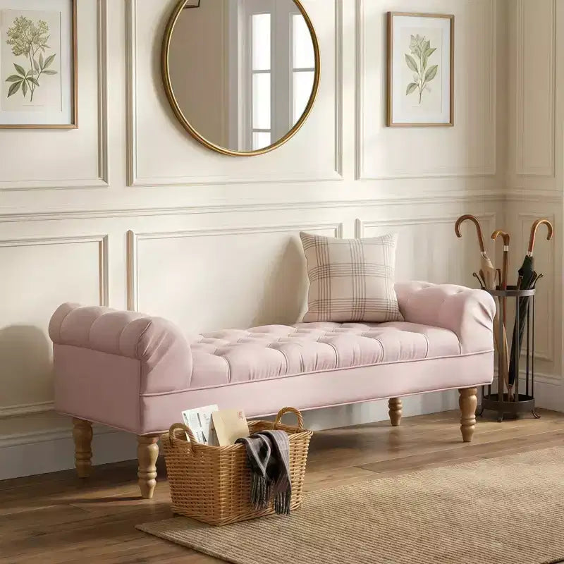 Banc de bout de lit, Banc d'entrée, Ottoman rembourré en tissu capitonné, Accoudoirs roulés, Pieds en forme de gourde