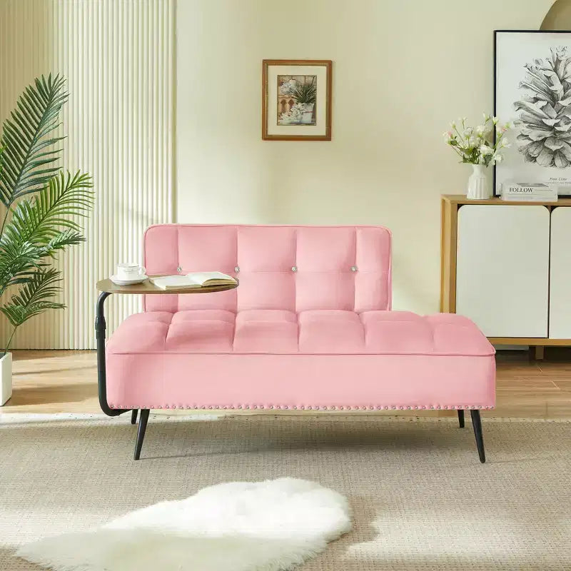 Canapé 2 places en velours de 137 cm avec table d'appoint pivotante et dossier, pour salon ou chambre à coucher