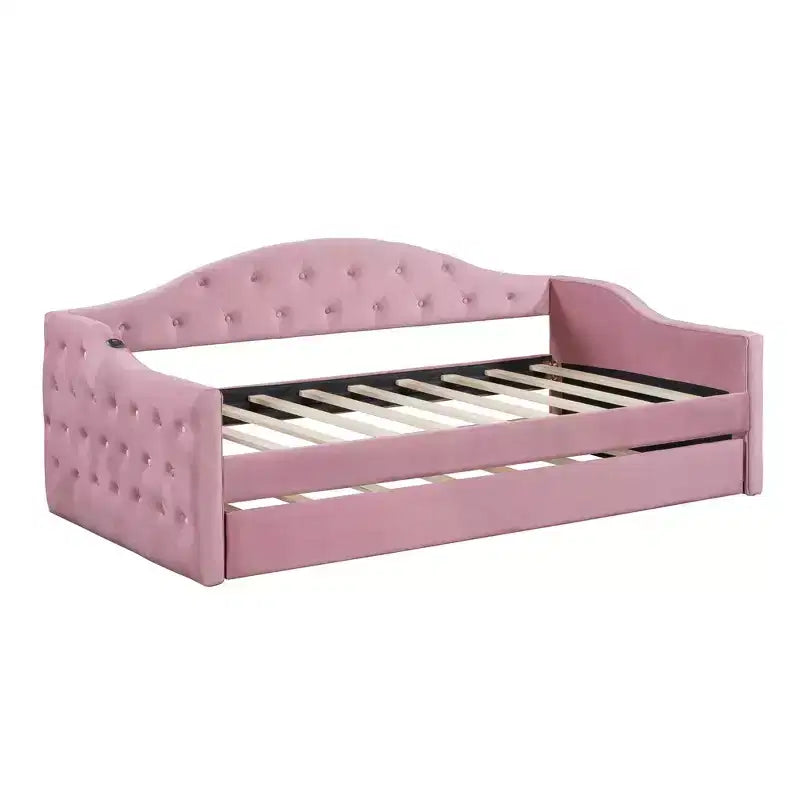 Lit de repos double rembourré avec lit gigogne, canapé-lit en velours avec ports de chargement USB