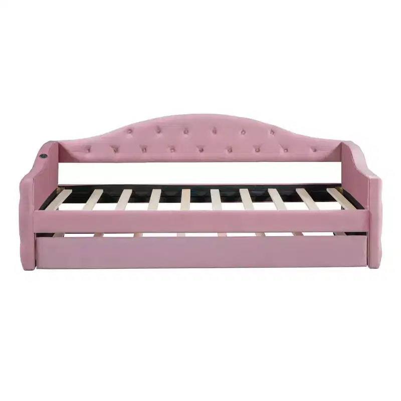 Lit de repos double rembourré avec lit gigogne, canapé-lit en velours avec ports de chargement USB