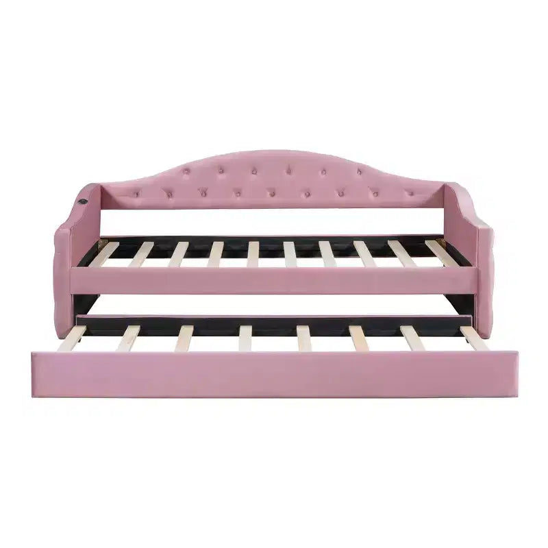 Lit de repos double rembourré avec lit gigogne, canapé-lit en velours avec ports de chargement USB