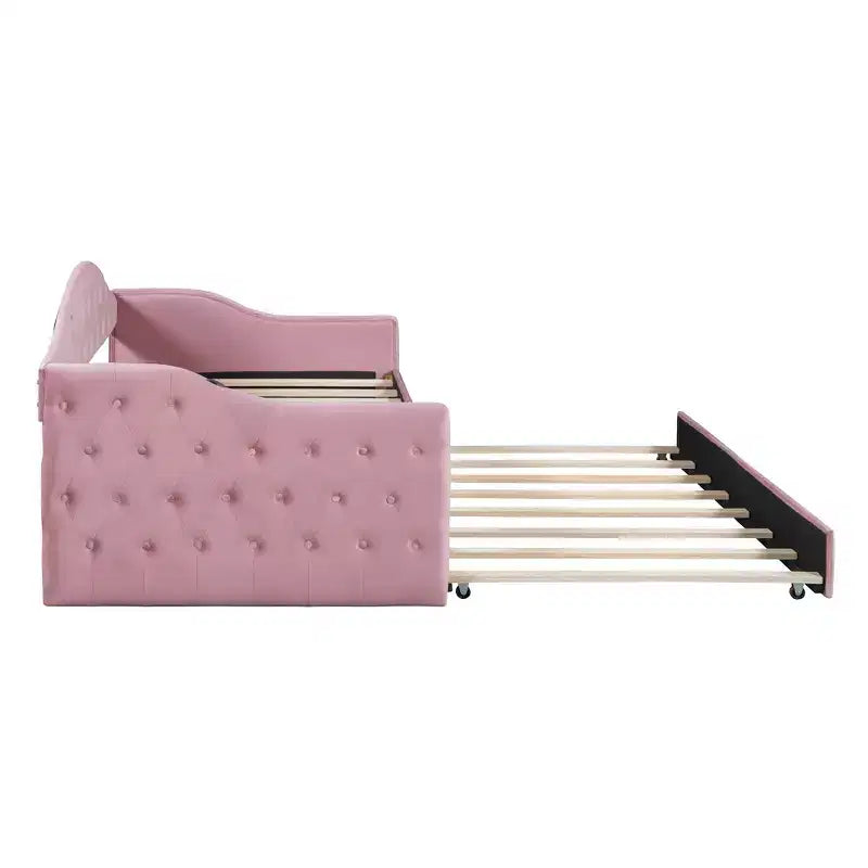 Lit de repos double rembourré avec lit gigogne, canapé-lit en velours avec ports de chargement USB