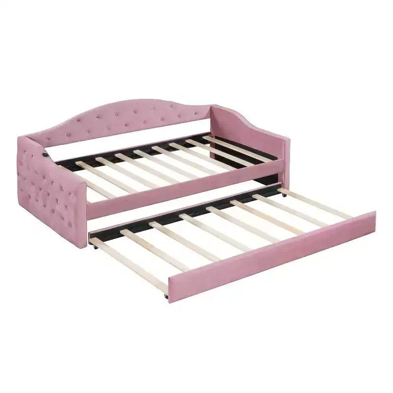 Lit de repos double rembourré avec lit gigogne, canapé-lit en velours avec ports de chargement USB