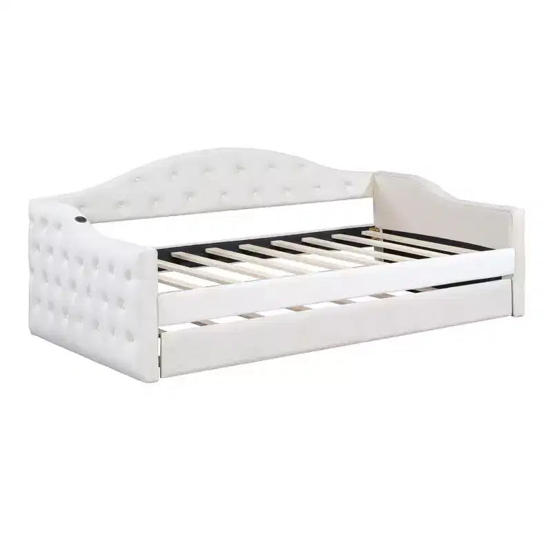 Lit de repos double rembourré avec lit gigogne, canapé-lit en velours avec ports de chargement USB