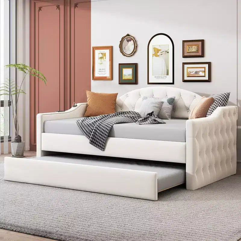 Lit de repos double rembourré avec lit gigogne, canapé-lit en velours avec ports de chargement USB