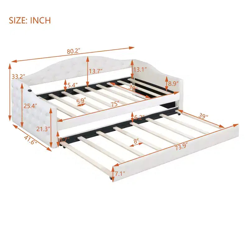 Lit de repos double rembourré avec lit gigogne, canapé-lit en velours avec ports de chargement USB