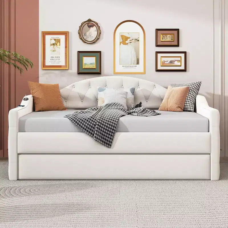 Zeus & Ruta Twin Upholstered Daybed with Trundle, Velvet Sofa Bed with USB Charging Ports