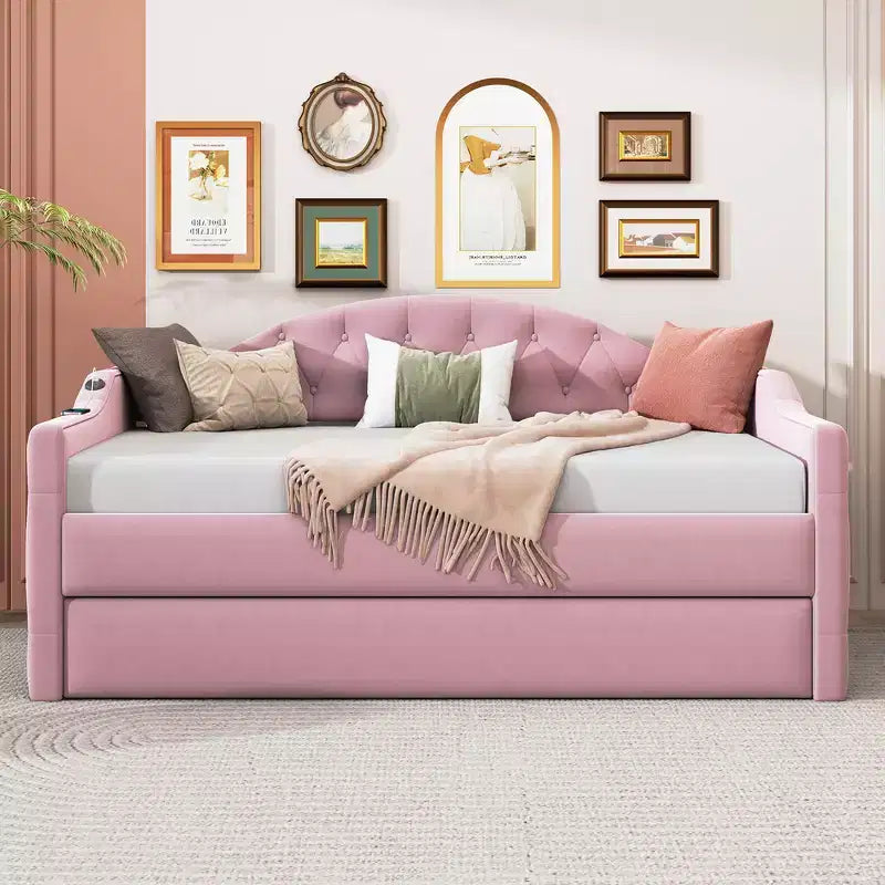 Lit de repos double rembourré avec lit gigogne, canapé-lit en velours avec ports de chargement USB
