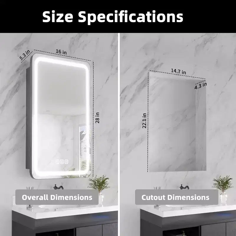 Armoire à pharmacie rectangulaire en fer de 40,6 cm L x 71,1 cm H avec miroir, éclairage LED à intensité variable, anti-buée et prises de courant - Entièrement assemblée