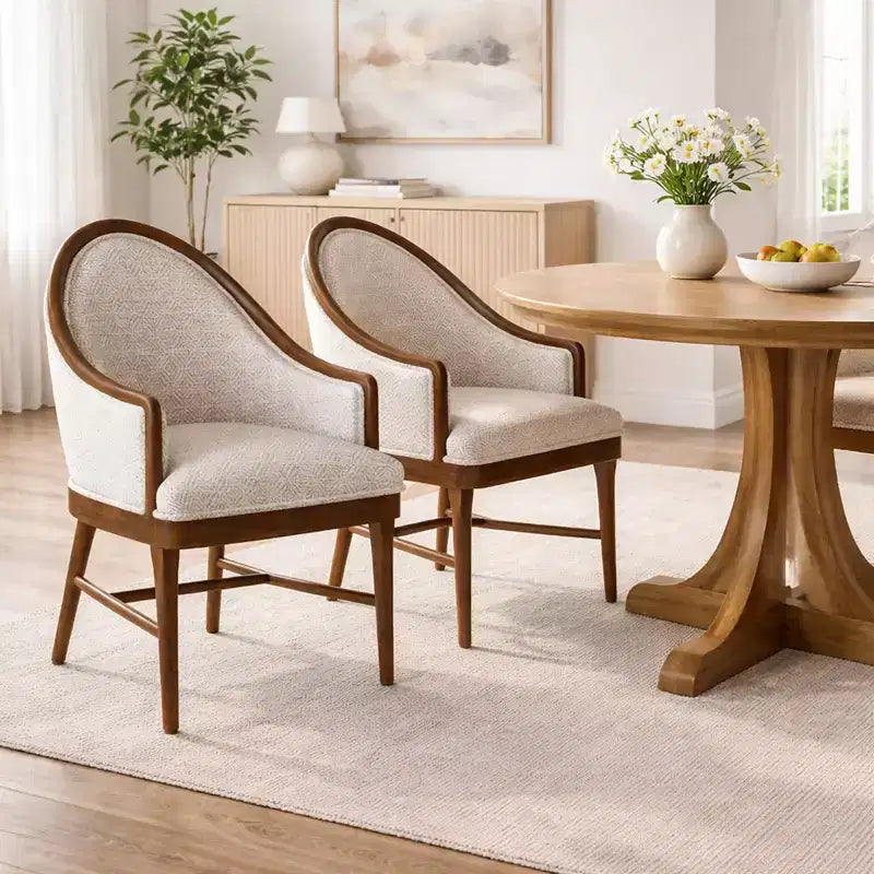 Set of 2 Mid-Century Modern Dining Chairs, Twill Upholstered Curved Armchairs with Solid Rubberwood Frame, Beige Accent Kitchen Chairs - ModernLuxe