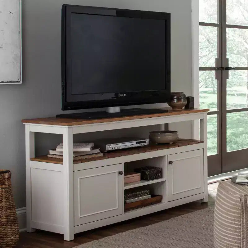 Meuble TV avec plateau en bois naturel pour téléviseurs jusqu'à 64", couleur ivoire
