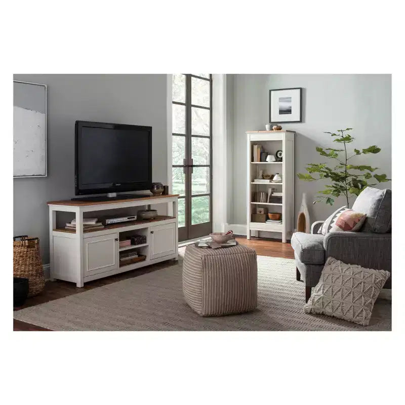 Meuble TV avec plateau en bois naturel pour téléviseurs jusqu'à 64", couleur ivoire