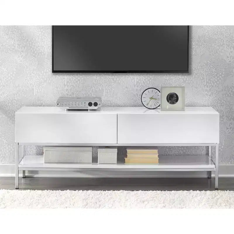 Meuble TV moderne pour téléviseurs jusqu'à 60" Blanc | Console média avec base en métal et tiroirs de rangement