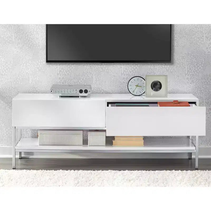 Meuble TV moderne pour téléviseurs jusqu'à 60" Blanc | Console média avec base en métal et tiroirs de rangement