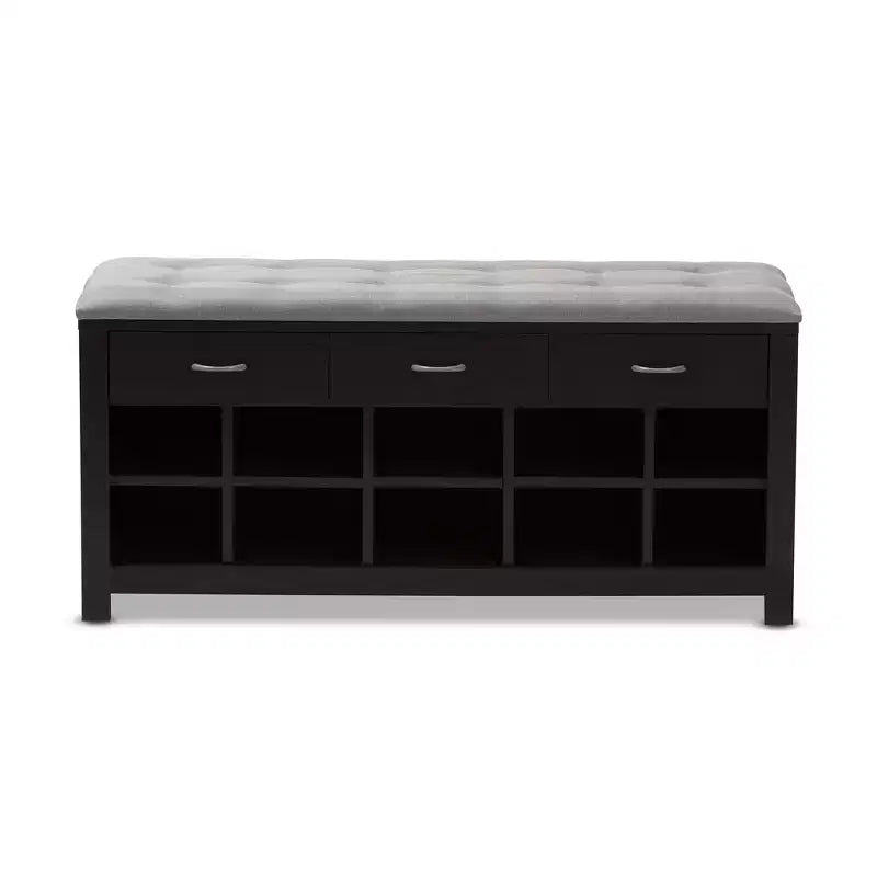 Banc d'entrée moderne et contemporain rembourré en tissu à finition espresso, gris clair / marron foncé