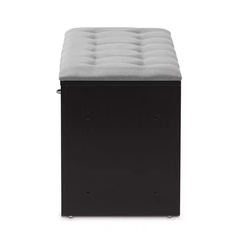 Banc d'entrée moderne et contemporain rembourré en tissu à finition espresso, gris clair / marron foncé