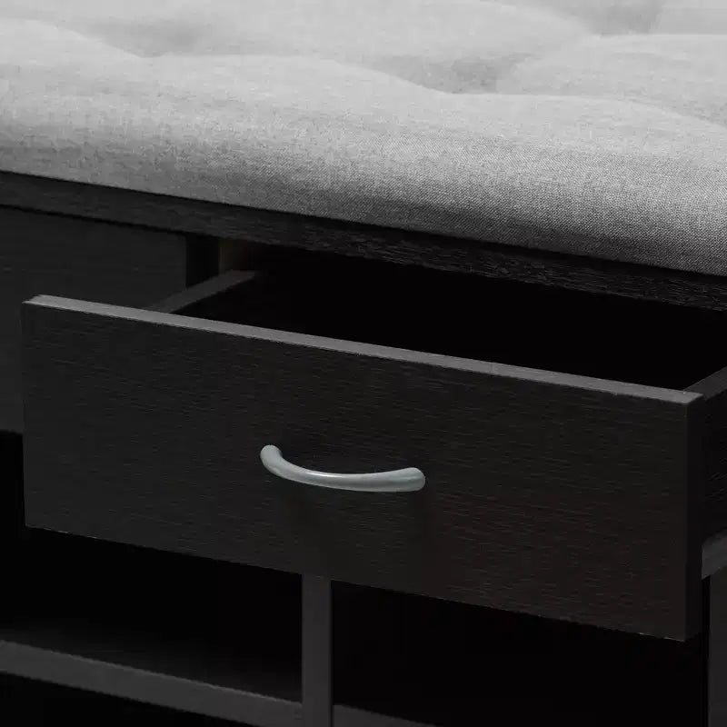 Banc d'entrée moderne et contemporain rembourré en tissu à finition espresso, gris clair / marron foncé