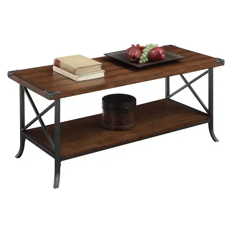 Table basse Noyer Foncé/Gris Ardoise - Design Élégant, Métal Décoratif, Étagère de Rangement
