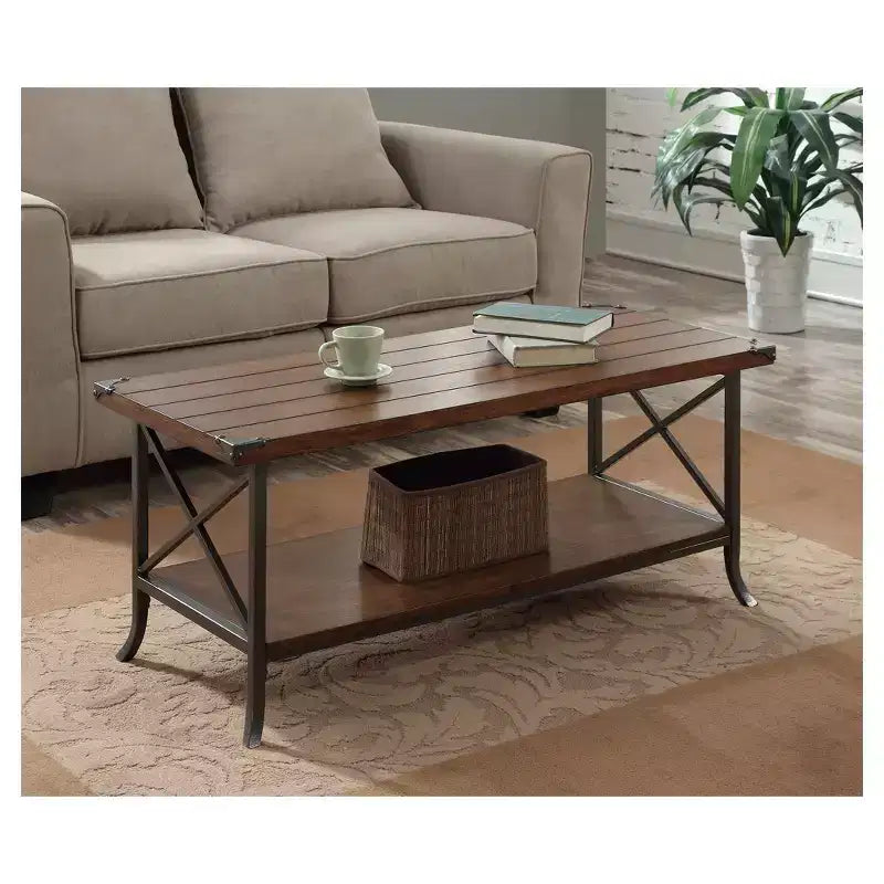 Table basse Noyer Foncé/Gris Ardoise - Design Élégant, Métal Décoratif, Étagère de Rangement