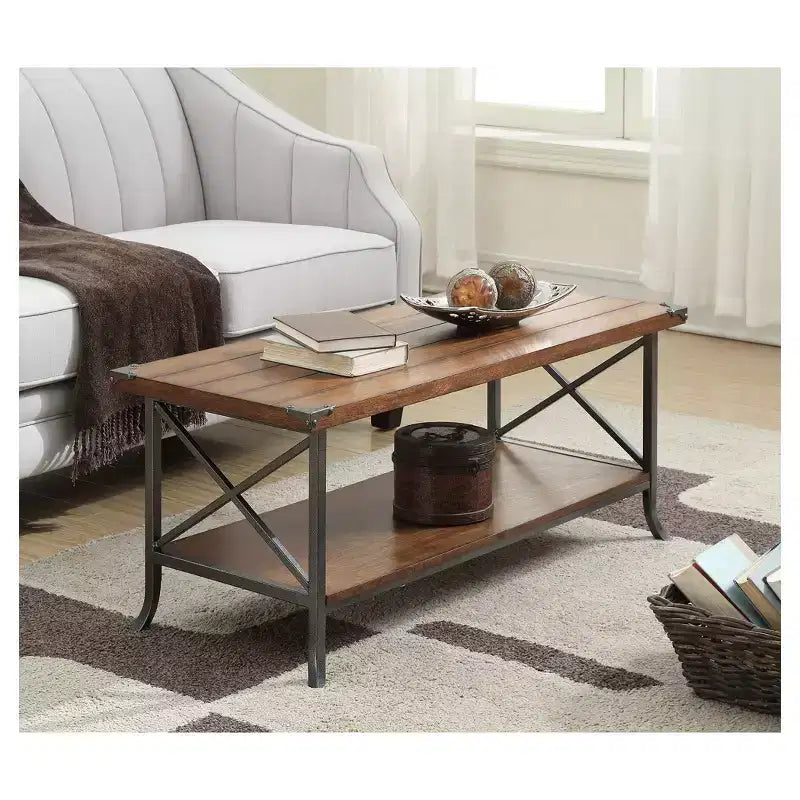 Table basse Noyer Foncé/Gris Ardoise - Design Élégant, Métal Décoratif, Étagère de Rangement