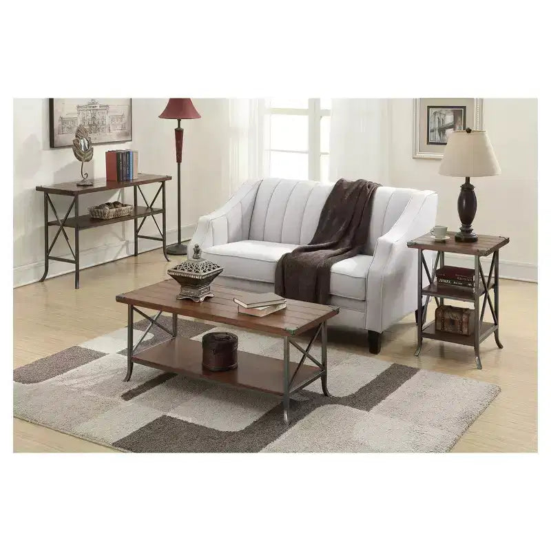 Table basse Noyer Foncé/Gris Ardoise - Design Élégant, Métal Décoratif, Étagère de Rangement