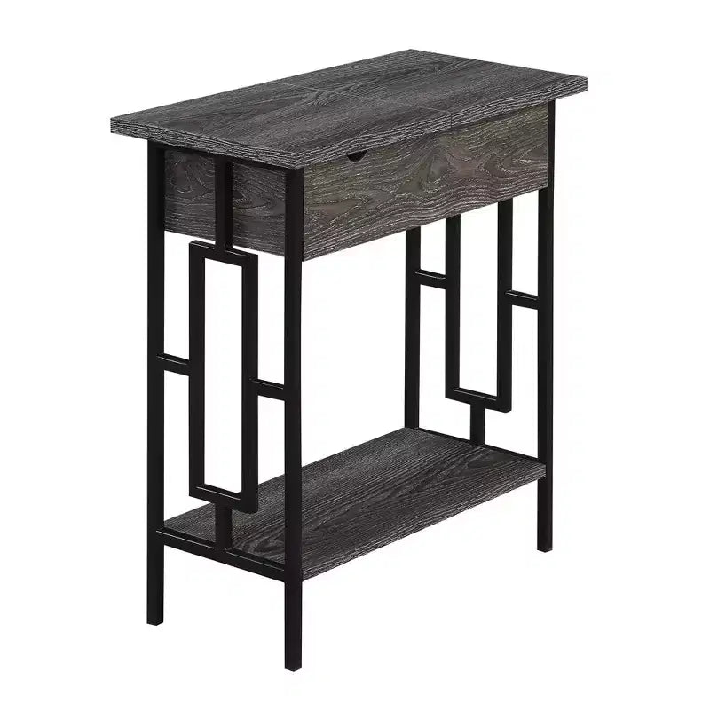 Town Square Flip Top End Table with Charging Station Weathered Gray/Black - Breighton Home: USB Ports, Cable Management, Bottom Shelf