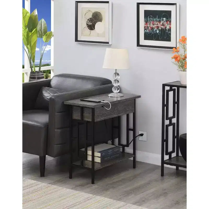 Table d'appoint relevable avec station de charge et étagère - Gris/Noir patiné