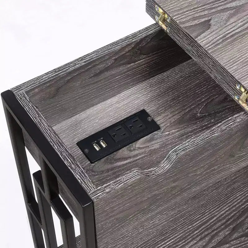 Table d'appoint relevable avec station de charge et étagère - Gris/Noir patiné