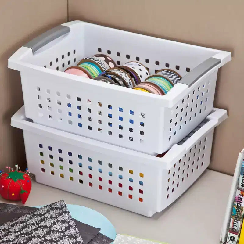 Petit panier empilable blanc avec rails décoratifs (paquet de 18)