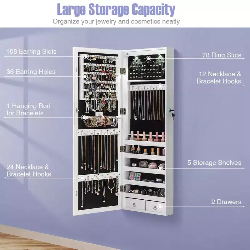 Armoire à Bijoux Miroir avec Miroir Intégral et Lumières LED