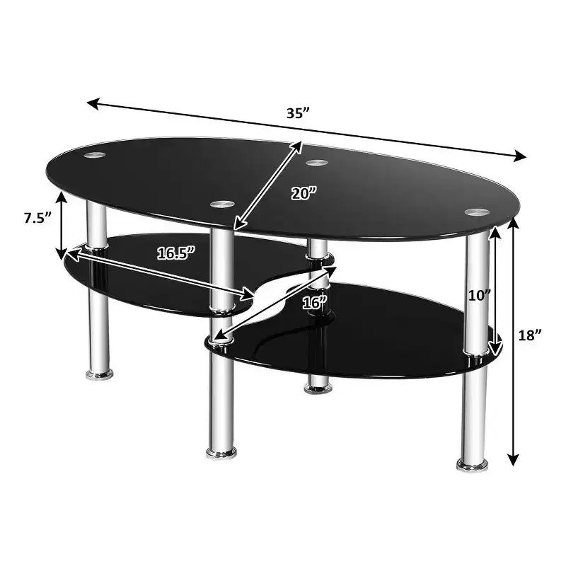 Table basse ovale en verre trempé avec étagères