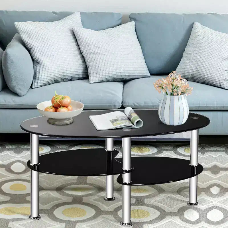 Table basse ovale en verre trempé avec étagères