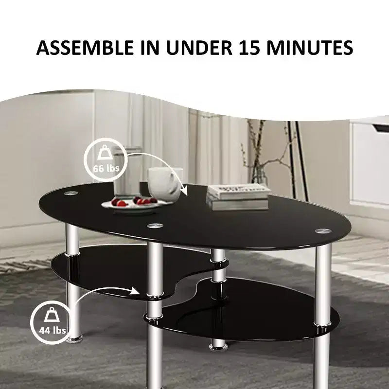 Table basse ovale en verre trempé avec étagères
