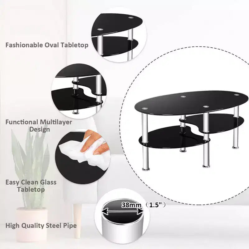 Table basse ovale en verre trempé avec étagères