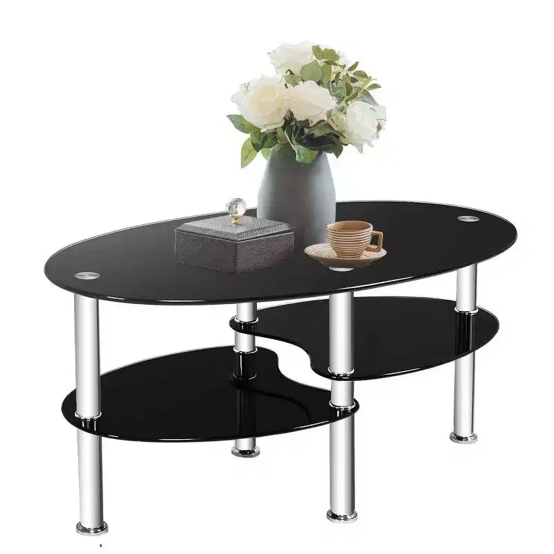 Table basse ovale en verre trempé avec étagères