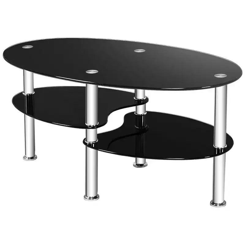 Table basse ovale en verre trempé avec étagères