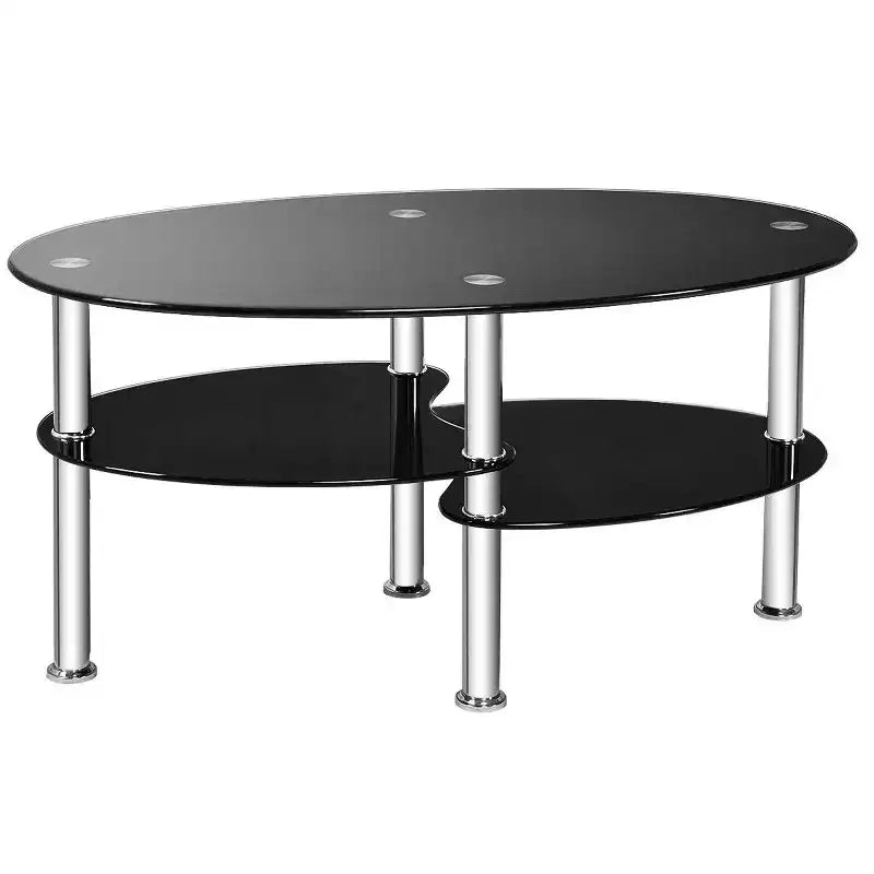 Table basse ovale en verre trempé avec étagères