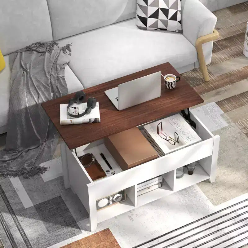 Table basse relevable avec compartiment de rangement caché et étagères