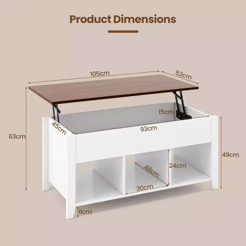 Table basse relevable avec compartiment de rangement caché et étagères