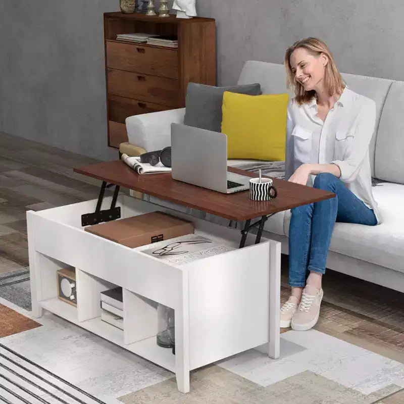 Table basse relevable avec compartiment de rangement caché et étagères