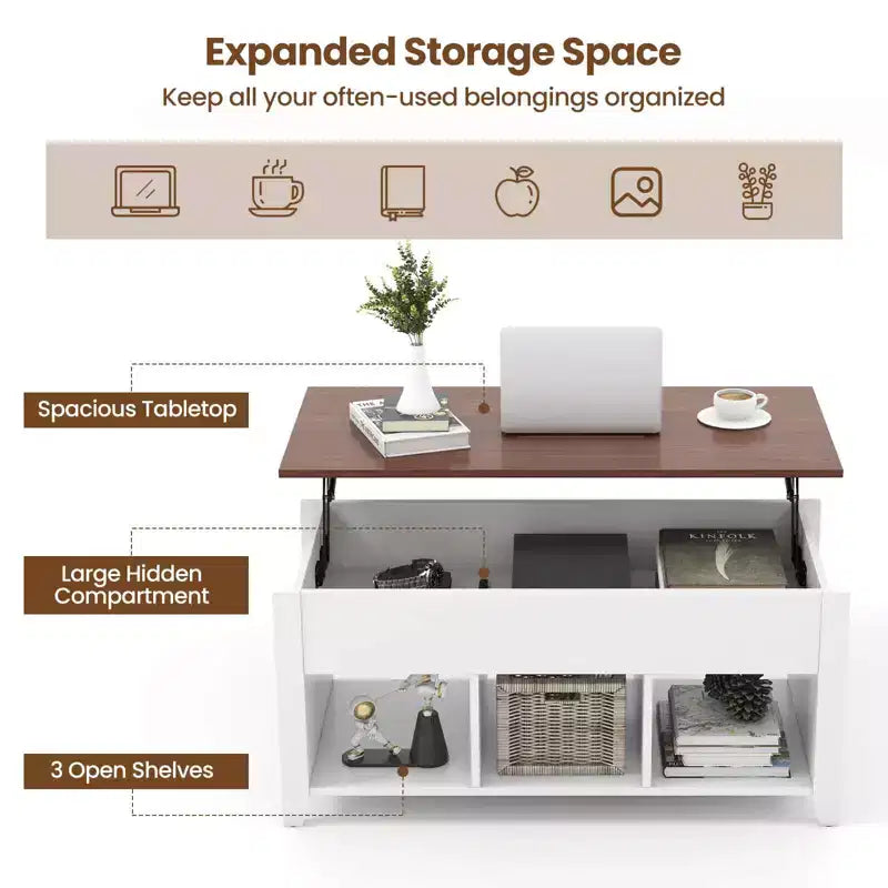 Table basse relevable avec compartiment de rangement caché et étagères