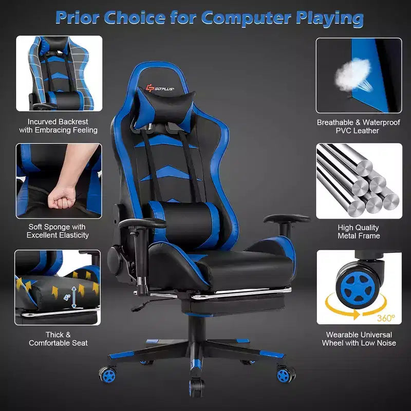 Fauteuil de bureau gaming inclinable et pivotant avec repose-pieds et fonction massage
