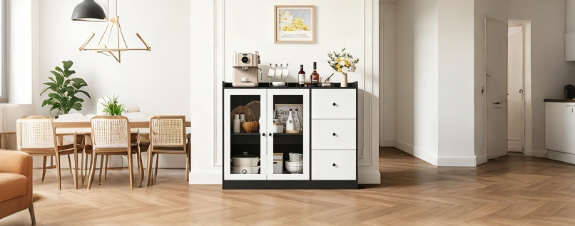 Bahut de buffet et commode de rangement de 43" avec garde-corps, étagères réglables et 3 tiroirs pour cuisine et salle à manger